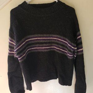 White, Grey and Purple Stripes on Black Sweater